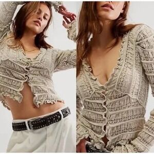 Free People Wild Roses Cardigan Taupe Grey M Boho Cottagecore Festival Whimsical